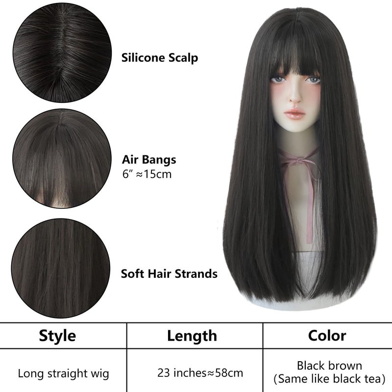 7JHH WIGS Long Straight Wig With Bangs Hair Dye Black Wig for Women Synthetic Natural Black Hair Party And Cosplay Premium Soft Wig(23 inch Black) - Image 5